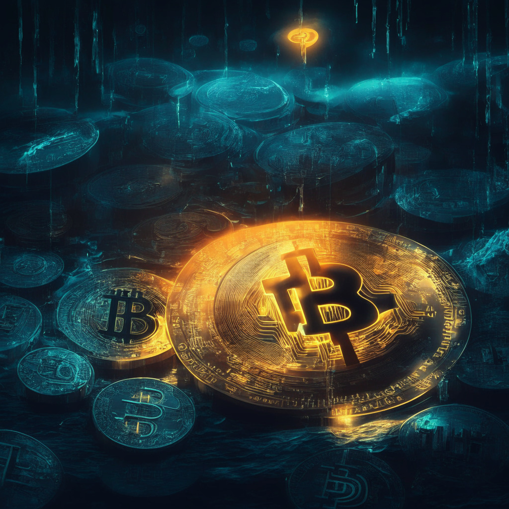 Cryptocurrency scene, glowing coins: BTC, ETH, LTC, SOL, stormy banks, inverted yield curve, turbulent financial waters, safe-haven potential amidst uncertainty, low-lit moody atmosphere, looming regulatory guidelines, warm hues of resilience, digital assets diversifying portfolios, calm Bitcoin in choppy seas, future direction uncharted, artful visualization.