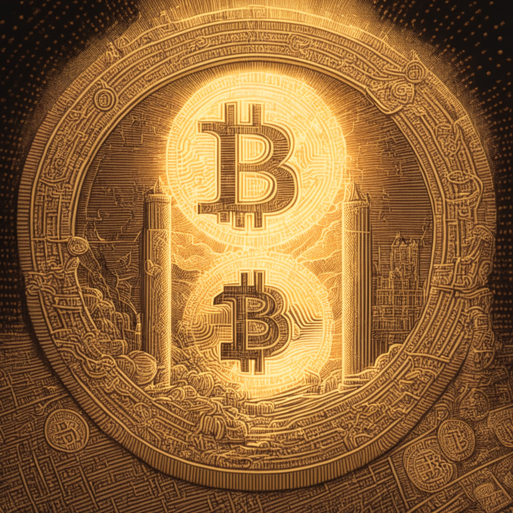 Intricate engraving-style illustration, soft warm glow, Bitcoin and gold ascending, central bank fading in background, sense of relief and optimism, intertwined contrast between Bitcoin and equities, hint of caution and watchfulness, celebrating Bitcoin's moderate reaction to rate hike.