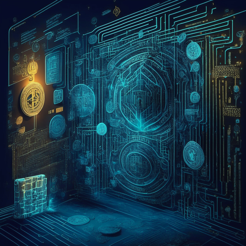 Intricate cybersecurity scene, secure wallet-to-wallet transactions, blockchain analytics, international corridors, sleek artistic style, chiaroscuro lighting, sense of security and compliance, mood of innovation and progress, potential centralization skepticism, harmony between traditional finance and cryptocurrencies.