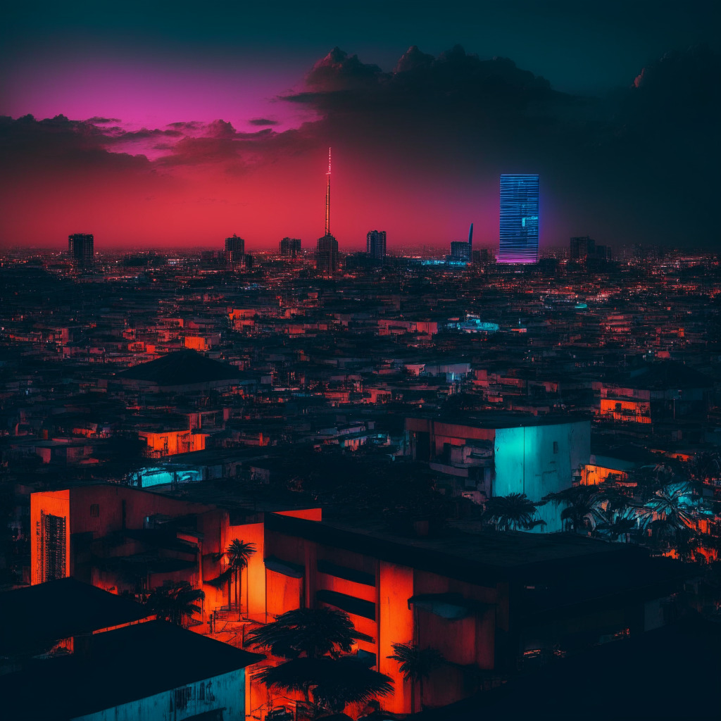 Nigeria embracing blockchain-powered economy, dusk sky over cityscape, mix of traditional & modern architecture, vibrant colors, hope & skepticism, citizens exploring digital future, technology bridging economic gaps, contrast between bright city lights & dark shadows. No brands/logos.