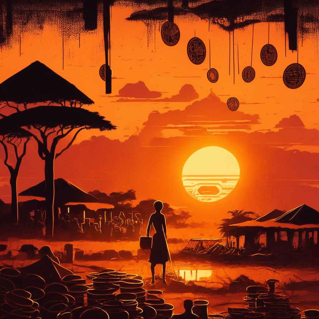 Intricate African sunset, warm orange glow over Kenyan landscape, silhouettes of crypto coins and smartphones, painting-style strokes, busy local marketplace ambiance, soft shadows, optimism mixed with uncertainty, focus on digital assets, hint of traditional Kenyan art elements, inspired by Global crypto adoption.