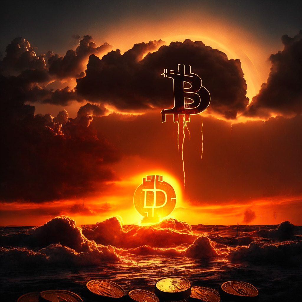 Sunset-lit crypto market juxtaposition, meme coin ascendance & giants' fall, political storm brewing over CBDCs, striking contrast in opinions, tension between state autonomy & federal power, uncertain future landscape, dramatic portrayal of economic debate, mood of anticipation & divergence.