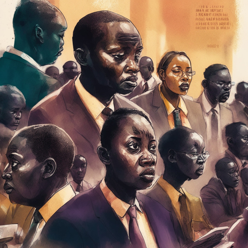 Kenyan lawmakers debating crypto tax, bustling digital marketplace, mix of positive and negative emotions, warm light from multiple sources, textured watercolor style, NFTs and cryptocurrencies hovering, 15% tax on monetized content, concerned faces at potential targeted harassment, thoughtful mood.
