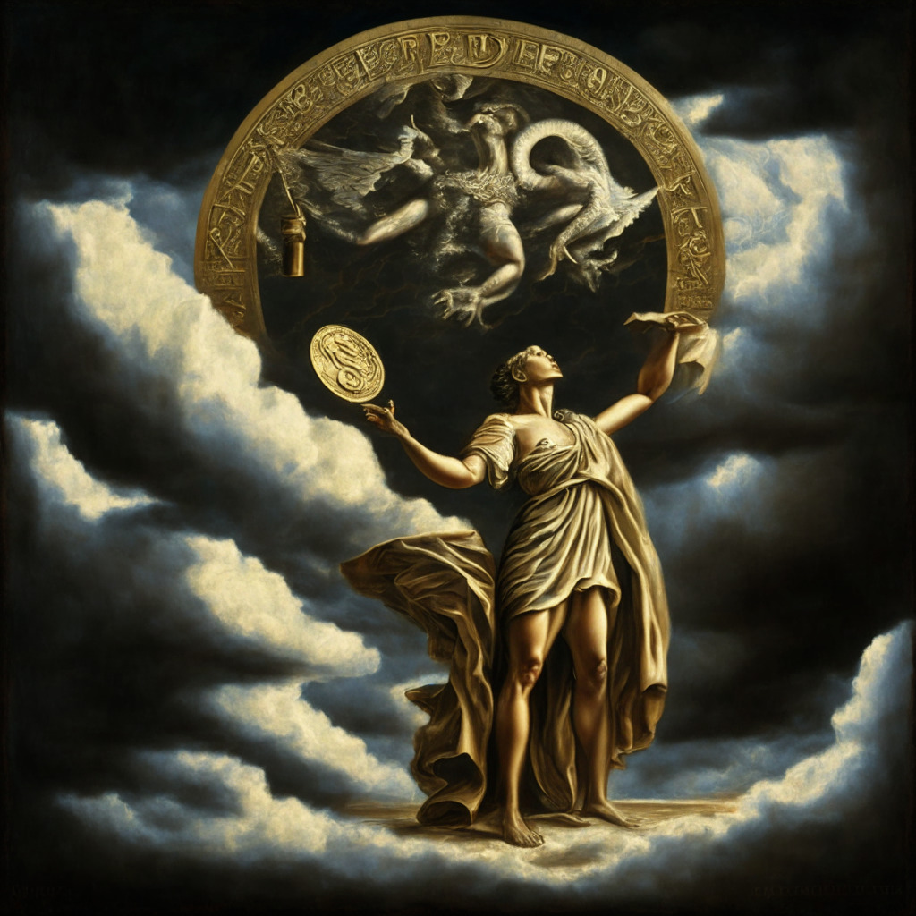 Intricate Renaissance-style painting, central figure representing the ECB, golden scales in hands, one side with inflation symbol, other with euro sign, dramatic chiaroscuro lighting, a delicate balance amidst turbulent clouds, subtle nods to US Federal Reserve comparisons, overall mood of determination, hint of concern for economic growth consequences.