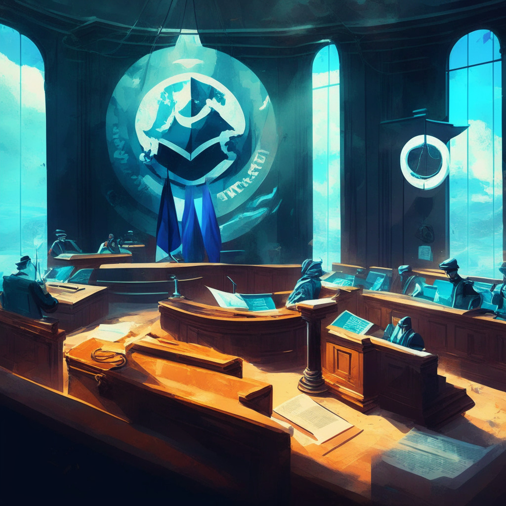 Crypto lawsuit courtroom, Terraform Labs & Nick Patterson, scales of justice, blockchain island, global flags, contrasting light & shade, tense atmosphere, murky waters, impressionist style, international protocols, legal tug of war, future precedent setting, accountability vs non-domestic claim.