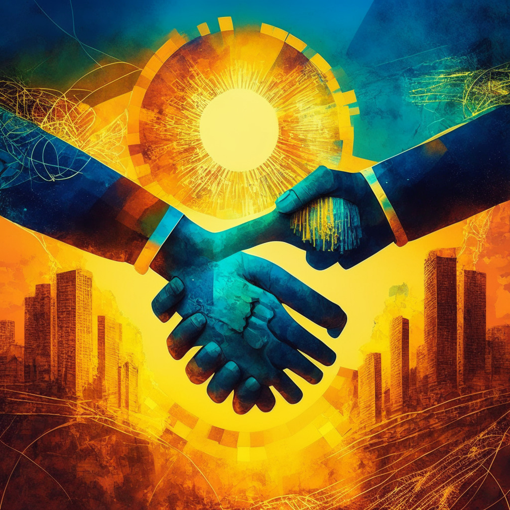 Vibrant Brazilian-Argentine handshake, emerging blockchain technology, economic partnership revitalization, warm golden light, unity overcoming crisis, bypassing IMF constraints, an atmosphere of hope, determination for sustainable solutions, infusion of artistic elements, blend of regional culture.