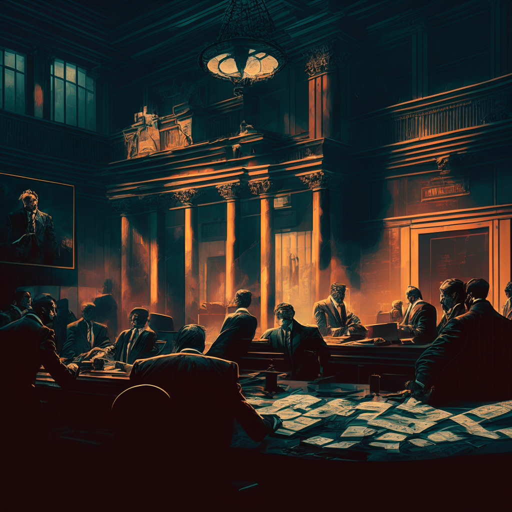 Intricate finance office scene, cryptocurrency exchange theme, chiaroscuro lighting, baroque style, somber mood, resilient character amidst adversity, rebounding stock chart in glowing colors, courtroom drama in the background, downsized workforce, smoldering legal tension.