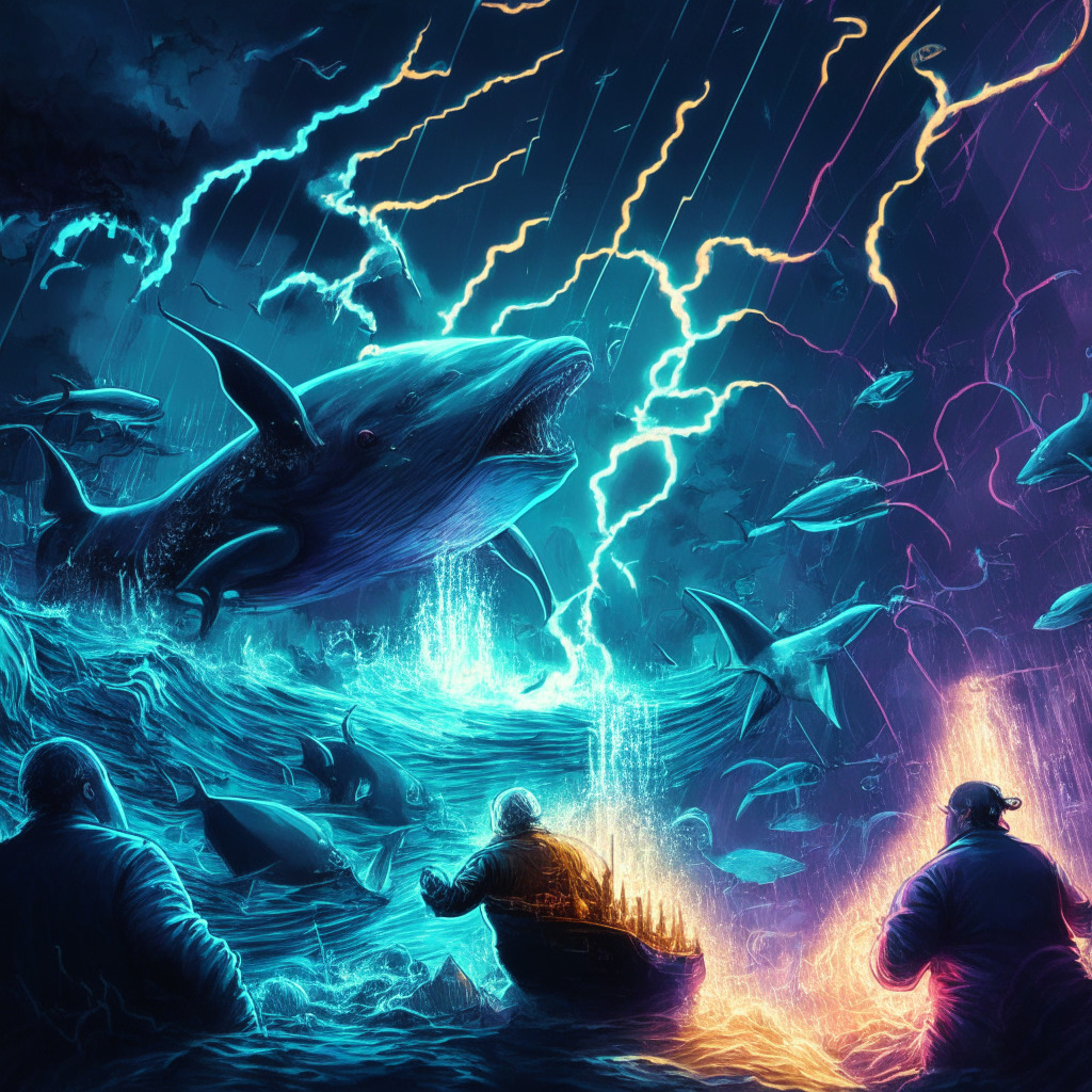 Intricate crypto trading scene, abstract whale figures, chaotic price charts, glowing tokens, contrasting light and shadow, turbulent waters, dramatic color palette, intense mood, a lightning bolt symbolizing explosive growth, multiple traders with mixed expressions, PEPE token in foreground.