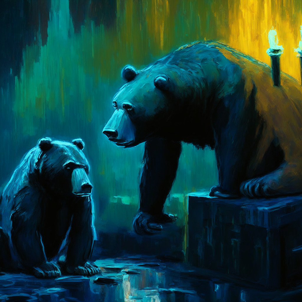 Crypto bear market scene, somber mood, chiaroscuro lighting, Bitcoin portrayed as weary yet resilient, altcoin underdogs with subtle influx of funds, Federal Reserve looming in the background, hints of cautious optimism, contrasting visual elements mirroring market volatility, Impressionist art style featuring vivid colors & dynamic brushstrokes.