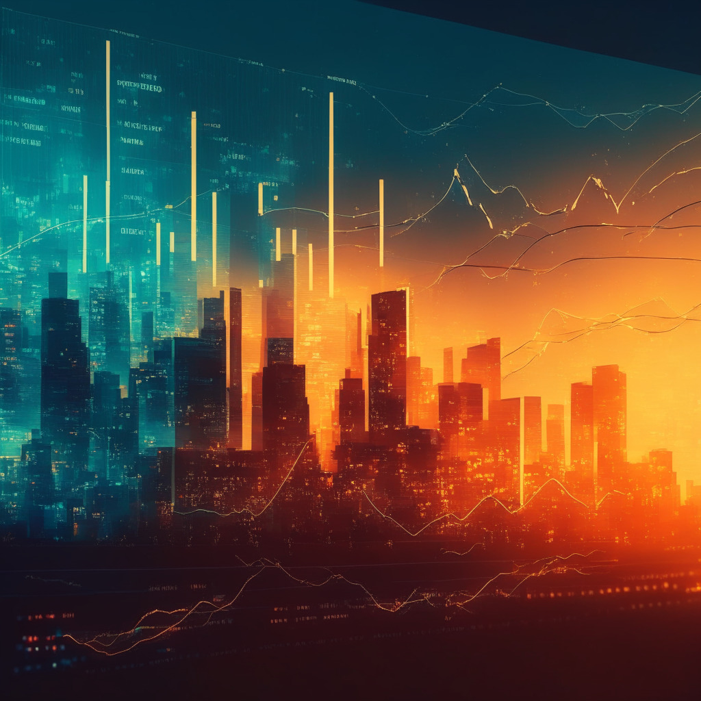 Cryptocurrency exchange scene, Q1 earnings results, glowing charts and graphs, dusk cityscape backdrop, warm light radiating, transformation and growth, firm amidst regulatory storm, optimistic mood, impressionistic style, subtle hints of future battles, shimmer of hope in the skyline.