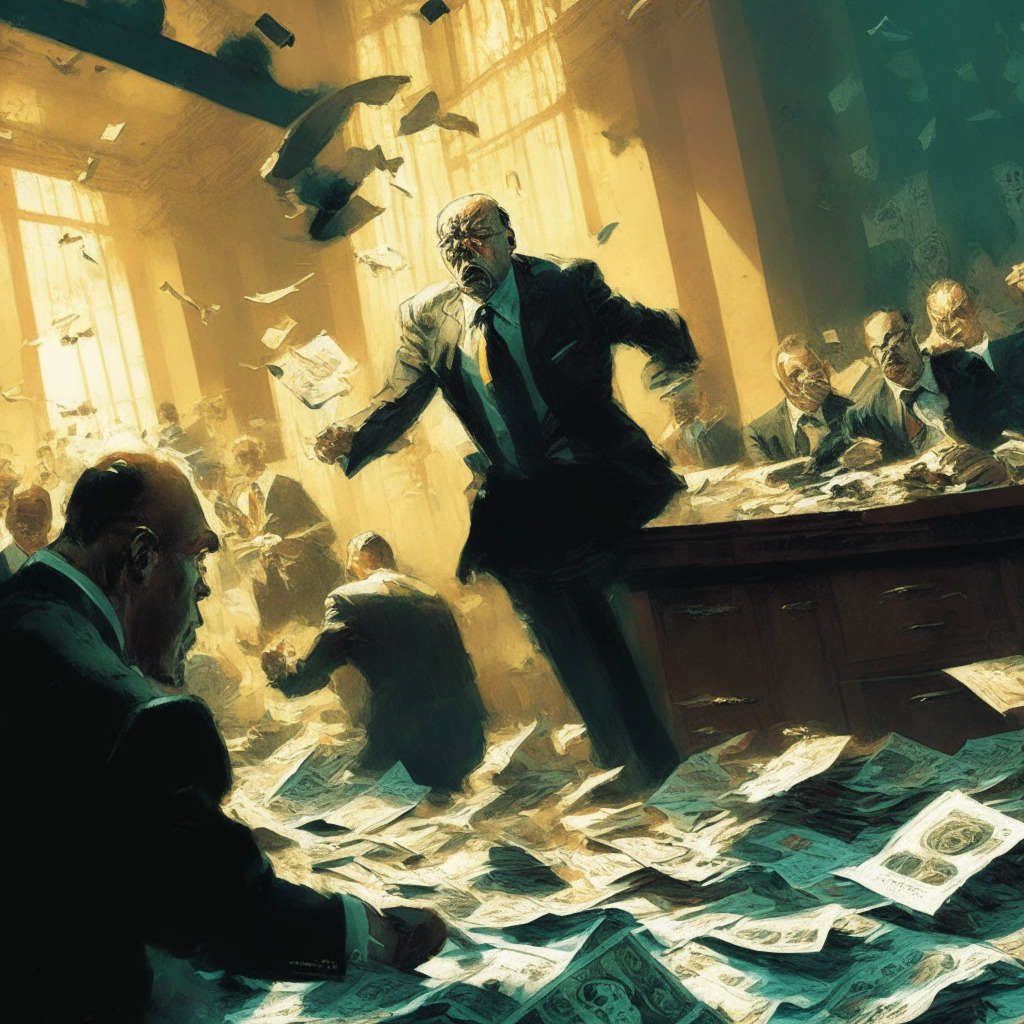 Intricate bank scene, chaos of financial downfall, subdued color palette, intense shadows, moody atmosphere, contrasting rays of light, figures in turmoil. Depict whirlwind of currency, expressive brushstrokes, CNN's Jim Cramer flip-flopping on First Republic Bank, cautionary undertone.