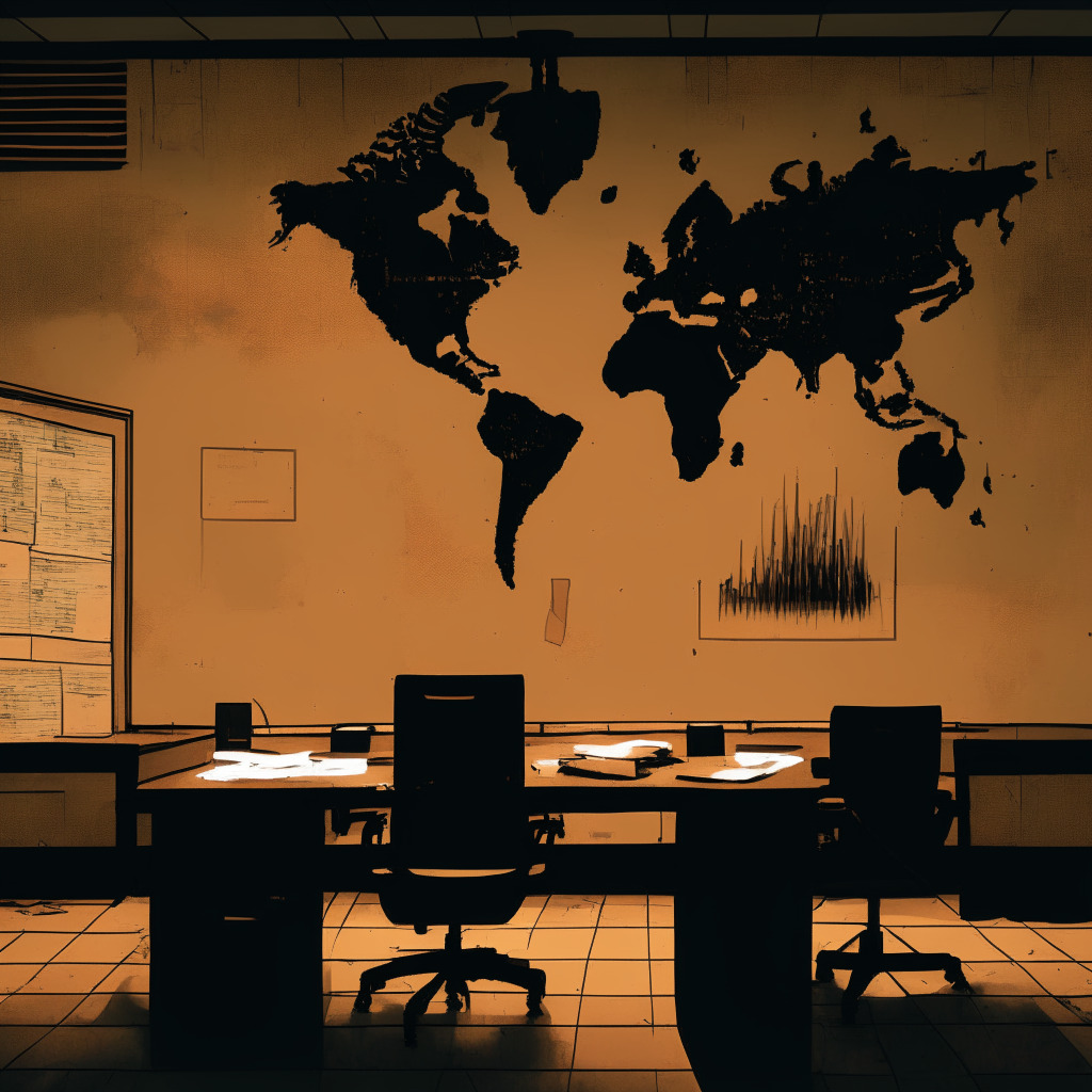A dimly lit office with empty chairs, an abacus on a wooden table, and a world map on the wall, hinting at global corporate transitions. Artistic brush strokes emphasize the uncertainty and fast-paced nature of the crypto industry. The mood is bittersweet – a mix of resignation and embracing new challenges. Earthy tones convey a sense of groundedness amidst flux.