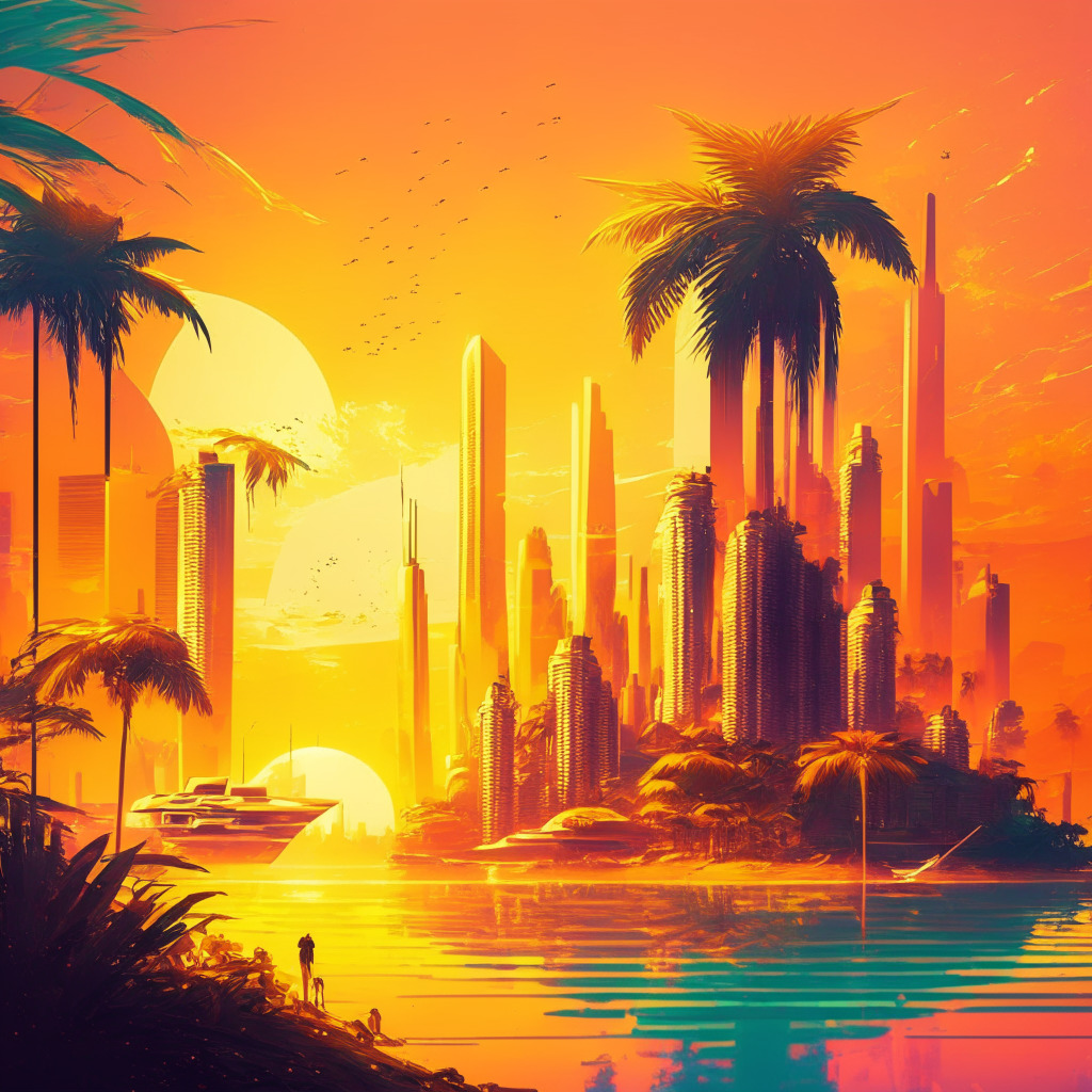 Tropical island with a futuristic city skyline, vibrant sunset casting golden hues, lively financial district, artistic touch of impressionism, lively crypto traders celebrating new opportunities, a mix of technology and nature, relaxed atmosphere, sense of innovation, mood of hope for crypto sector's future.
