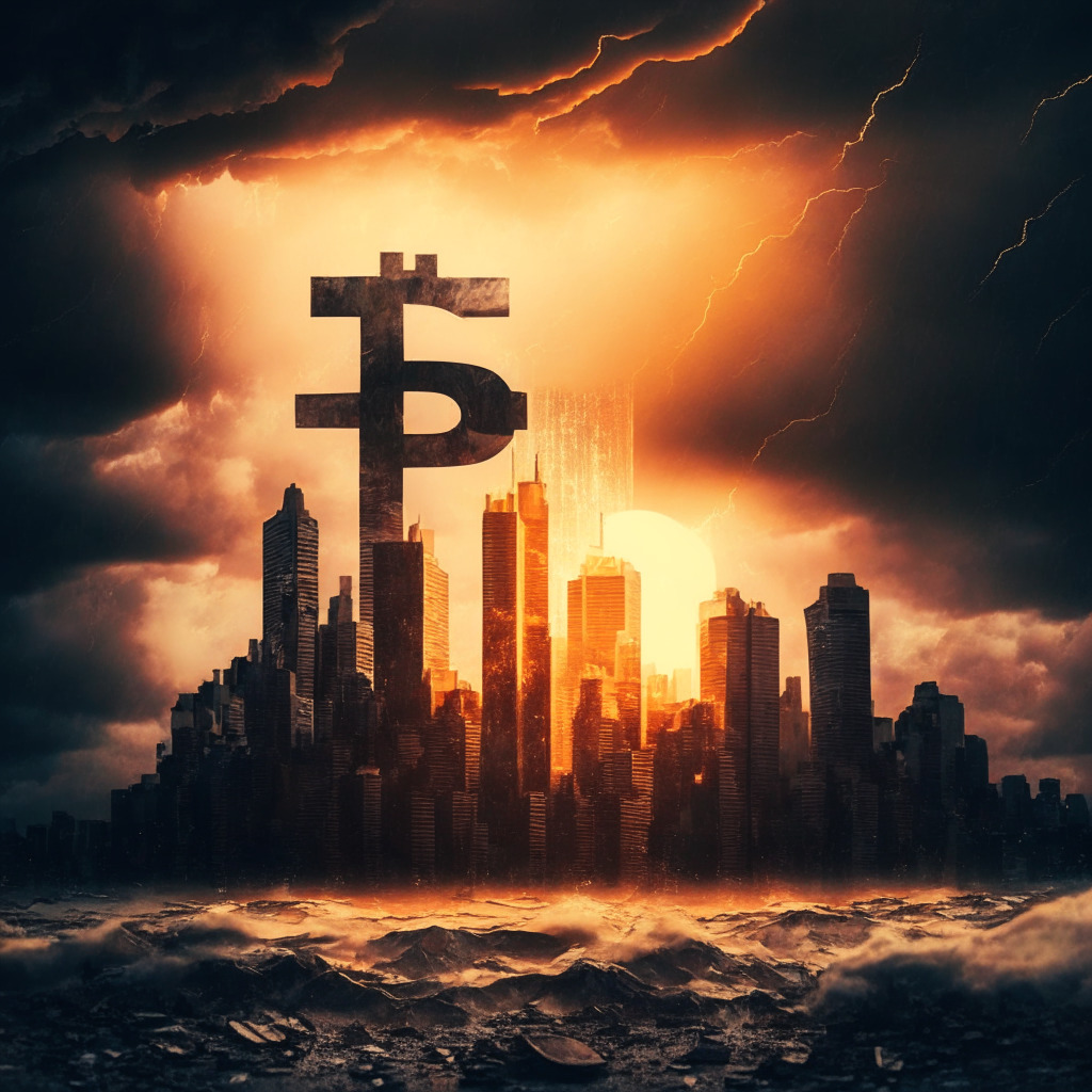 Sunset-lit financial district skyline, economic storm clouds looming, a toppled dollar sign among Bitcoin coins, contrasting expressions of hope & skepticism on onlookers' faces, artistic chiaroscuro emphasizing fragility & volatility, moody atmosphere reflecting uncertain economic future.
