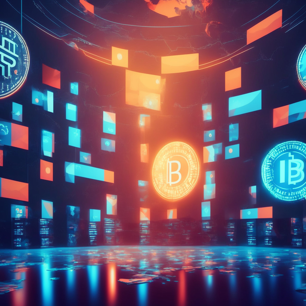 Futuristic financial trading scene, multitude of global flags, abstract bitcoin and ethereum symbols, stylized trading floor, soft, glowing light, warm tones, triumphant mood, background: evolving regulatory landscape, contrasting U.S. and international attitudes.