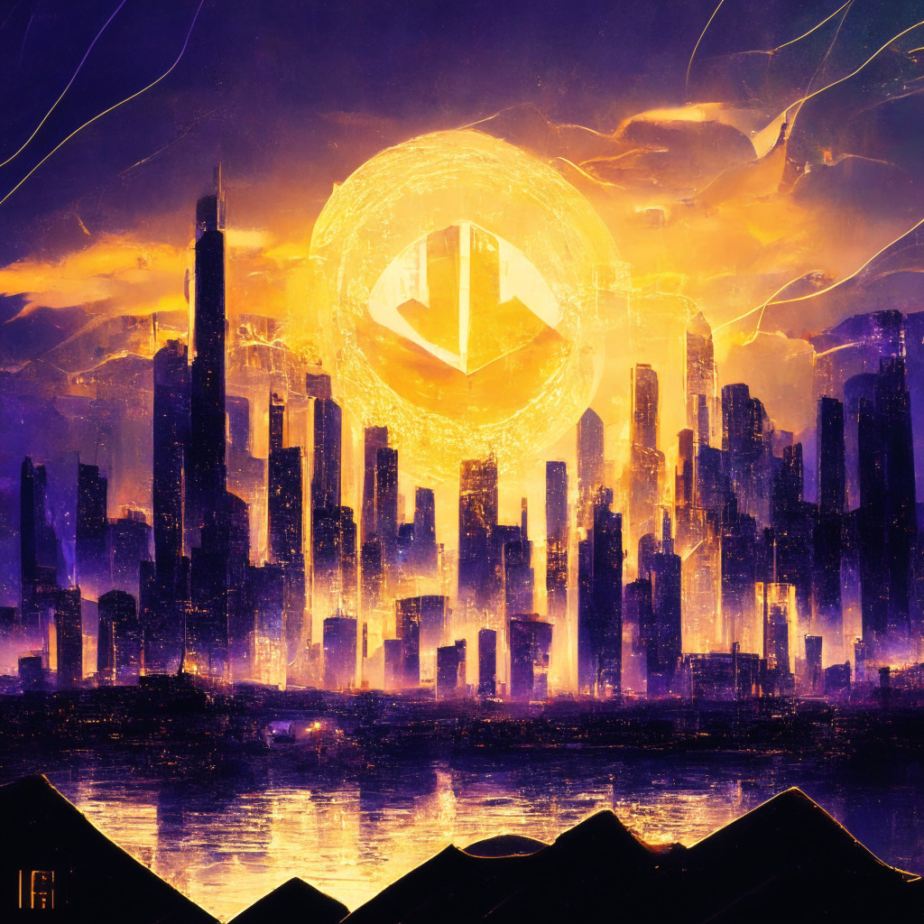 Ethereum upgrade with staking shift, decentralized platforms rising, light from glowing ether coins, majestic city skyline, sunset hues, euphoric investors, contrasting shadows of centralized exchanges, moody atmosphere, impressionist art style, flickering network connections, fluid movement towards decentralization.