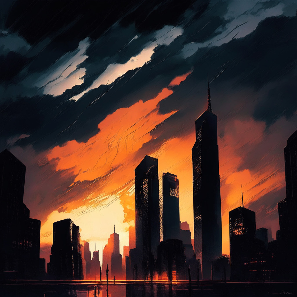 Eerie sunset over financial district, silhouette of legal scales, looming storm clouds, hint of cryptocurrency symbols, tension in the air, tangled web of legal documents, uncertain path between chaos and clarity, expressive brushstrokes, mood of anticipation and struggle, 350 characters max.