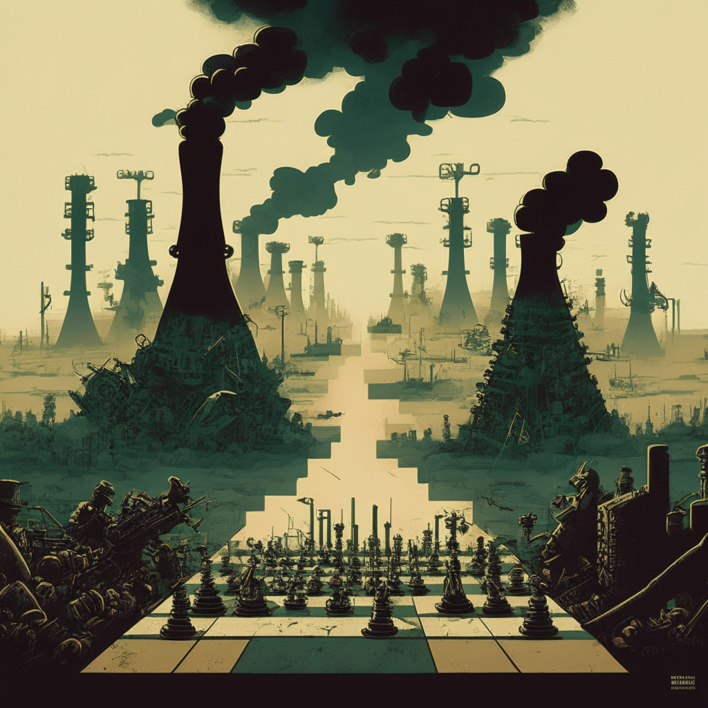 Intricate digital battlefield, cryptocurrency miners vs government, smog-filled industrial landscape, vintage editorial cartoon style, muted colors, low light setting, intense emotions, contrasting energy sources (renewable vs fossil fuel), symbolic eco-friendly vs harmful industry elements, chess-like strategic moves, underlying tension, hint of dystopia.