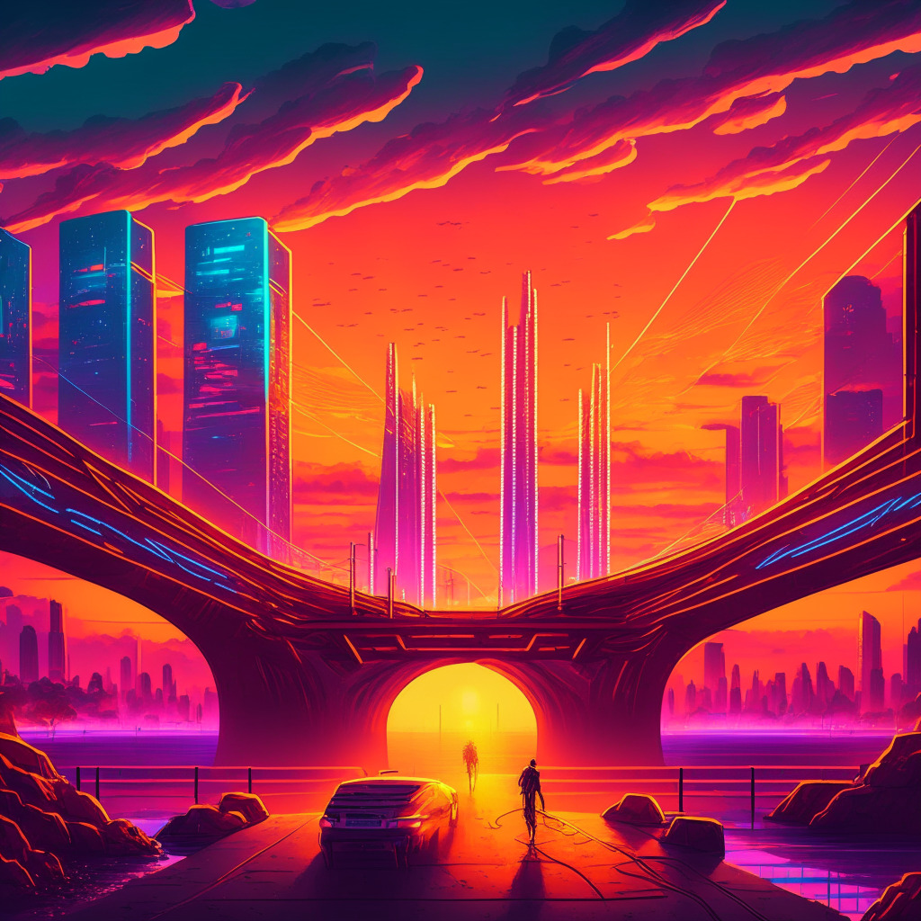 Sunset in futuristic city, multi-chain trading middleware w/ zero-knowledge proofs, tense mood, chalk-like illustration, DeFi safety benchmark test, emergency asset recovery, no logos. Users earning rewards, fire drill-like setting, vivid colors, cross-chain bridge, secure funds, happy ending.