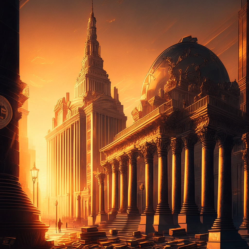 Intricate cityscape, cryptocurrencies standing tall as buildings, Federal Reserve in background, golden sunset glow, Baroque-style architecture, dramatic chiaroscuro lighting, hopeful yet uncertain mood. Main elements: city of crypto, Federal Reserve building, warm hues, artistic shadows.