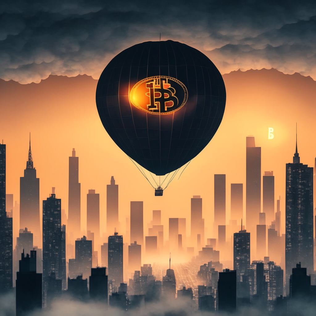 Dusk-lit city skyline, Bitcoin ascending as hot air balloon, Korean market with symbolic resilience icon, US interest rate hike uncertainty as foggy path, dynamic textures, vivid contrast, ambivalent mood.