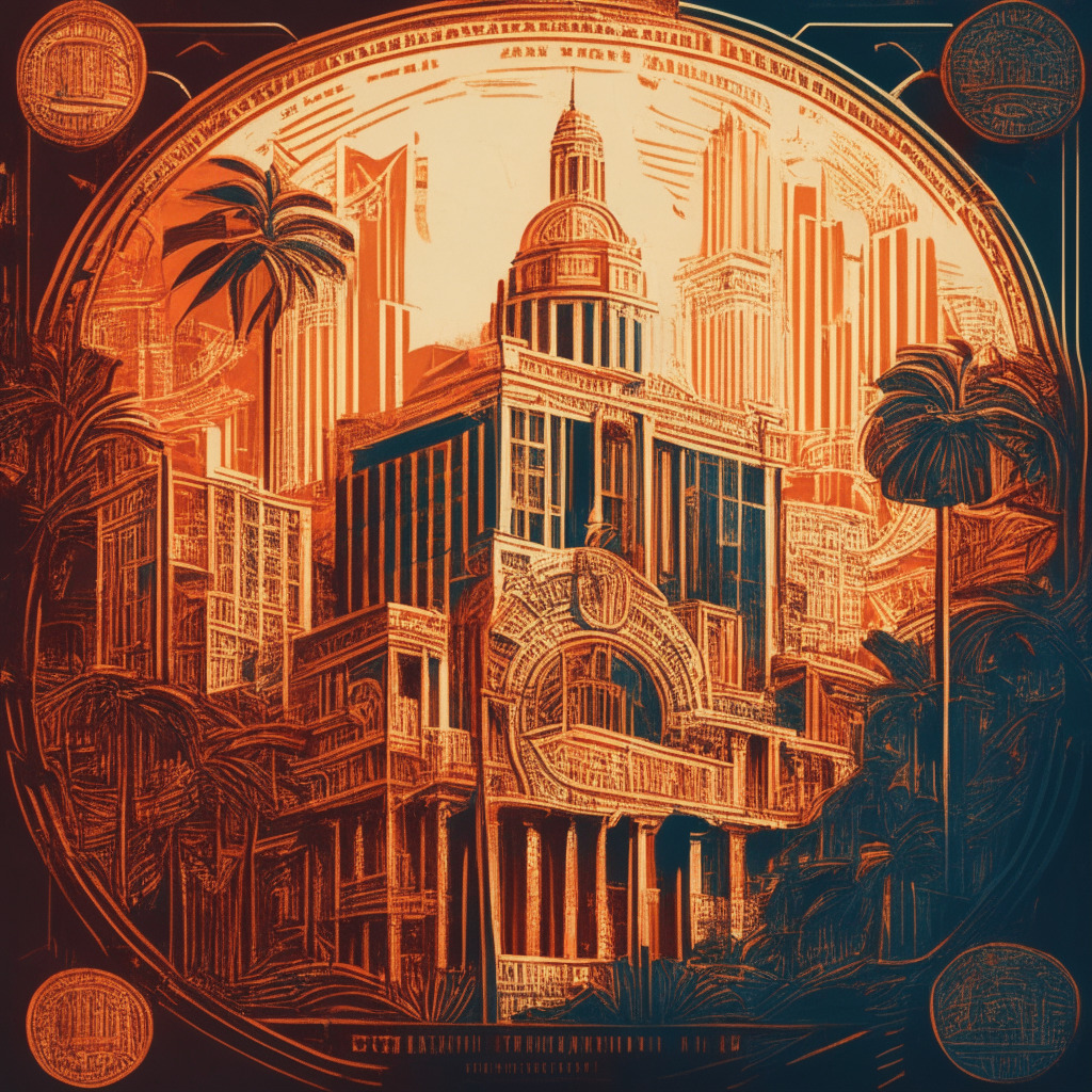 Intricate cityscape with Florida-inspired architecture, dominating central figure resembling Governor DeSantis, contrasting background elements representing traditional cryptocurrencies & CBDCs, fiery colors symbolizing privacy protection, shadowy theme evoking stifled innovation, mood of intensity and tension, textures echoing vintage currency design, split lighting effect for debate polarization.