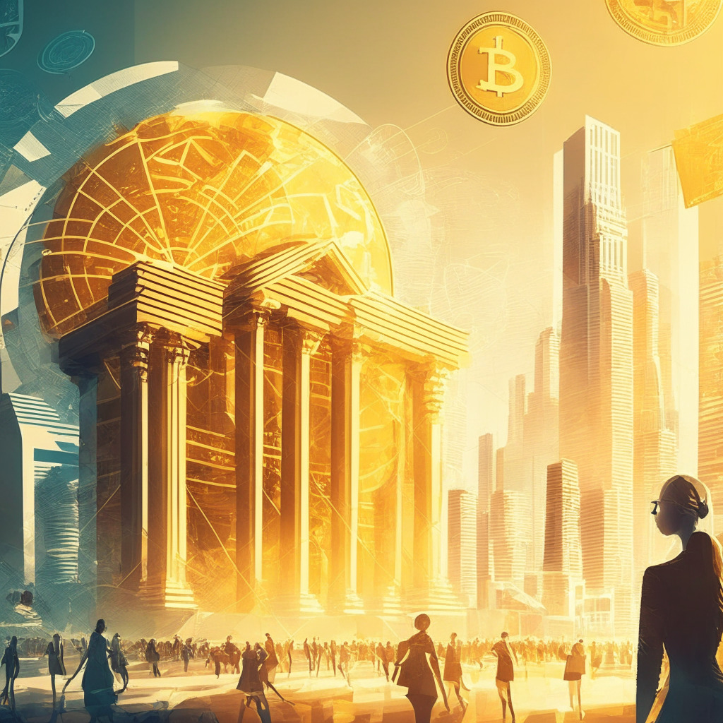 Futuristic cityscape with central bank building, digital currency symbols, diverse people exchanging digital cash, warm golden lighting, impressionistic style, blend of optimism and caution, transparent transactions, dynamic financial system, subtle hints of geopolitical tension, evolving digital landscape, focus on collaboration and balance.