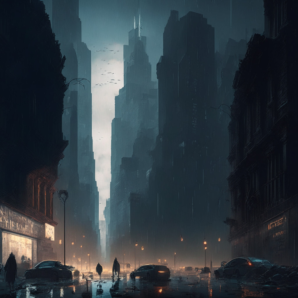 Intricate cityscape in dystopian style, mix of traditional US symbolism and cryptocurrency elements, stormy sky, dimly lit streets, contrasting shadows, urgent atmosphere, hazy outline of people seeking shelter, subtle nods to economic collapse, de-dollarization & hyperinflation, air of tension and transformation.