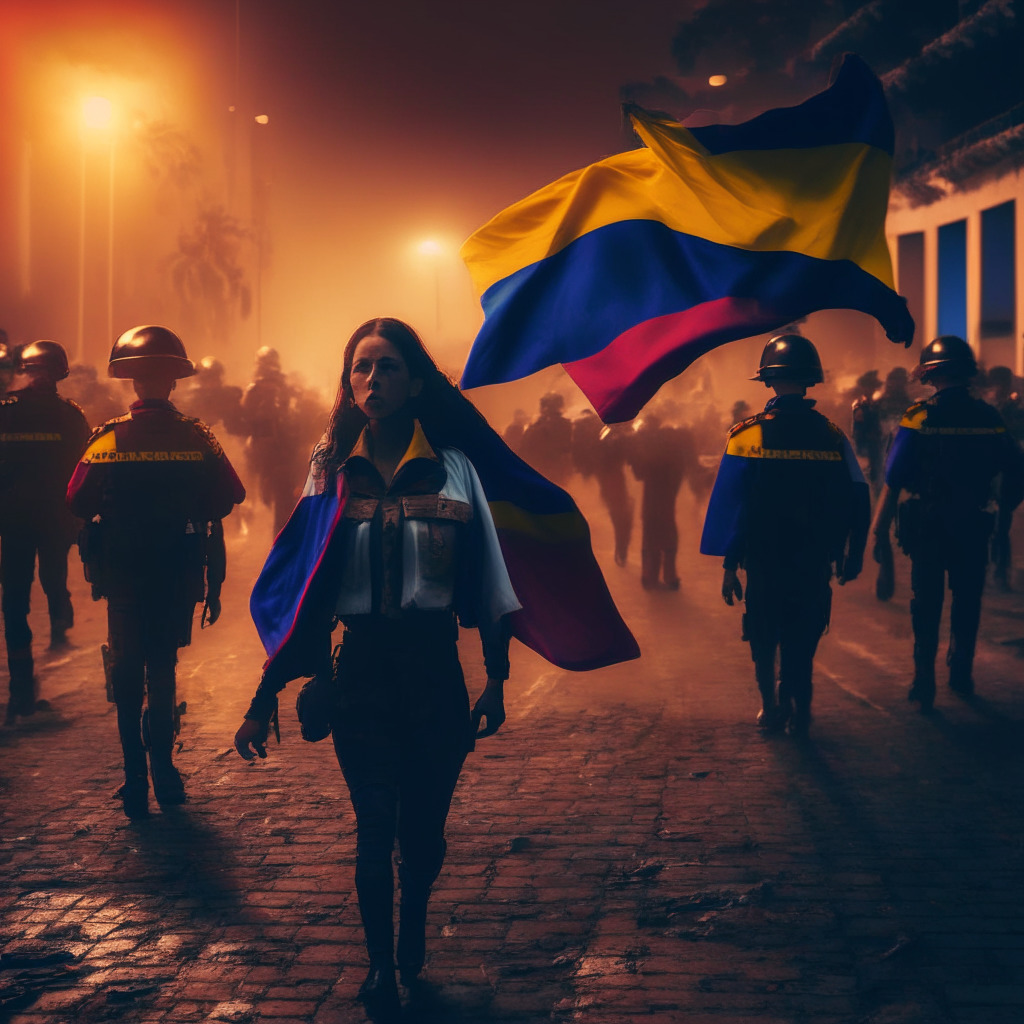 Sunset-lit protest scene, Baroque style, AI-generated image, hint of skepticism, woman dragged by police, outdated uniform, incorrect Colombian flag, moody atmosphere, emphasis on ethics, blurred lines between innovation & propaganda, urgency for justice, impending societal reflection.