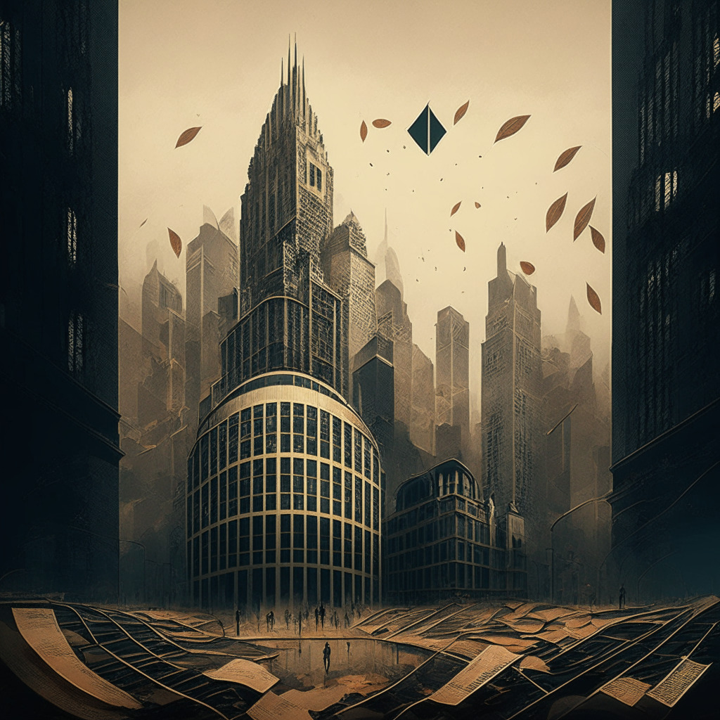 Intricate cityscape with a maze-like banking district, contrasting vintage and futuristic architectural styles, gloomy and overcast atmosphere, financial documents blown through the air like autumn leaves, subtle signs of decay, spotlights illuminating worried faces of bankers and investors, faint shadows of international landmarks in the background, a massive hourglass looming above, the sands draining, capturing the mood of uncertainty and urgency.