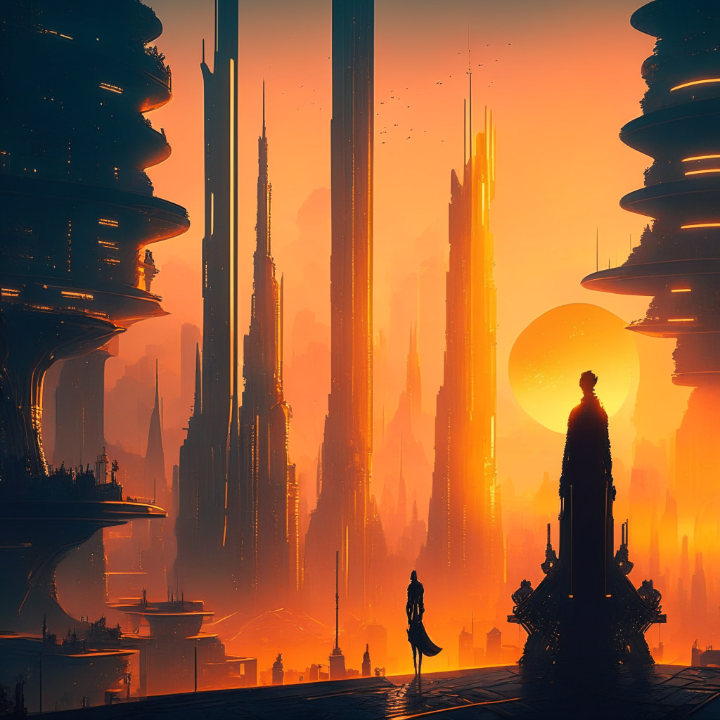 A futuristic city with glowing cryptocurrencies, intense spotlight on a PEPE memecoin rocket, subtle sunrise hues, Baroque-inspired ornate details, an ambivalent atmosphere, exchange platforms as towering skyscrapers, investors weighing golden scales, and Binance CEO silhouette observing from a distance.