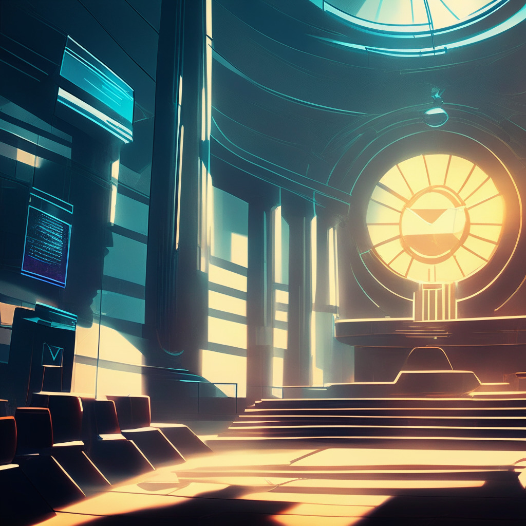 Dramatic courtroom backdrop, cyber elements, abstract scales of justice, radiant sunlight, contrasting shadows, symbolic fine & license, subdued color palette, contemplative mood, futuristic cryptocurrency representations, cyber-lock visuals, backlit compliance text, whispers of innovation, subtle growth imagery, collaborative discussion undertones.