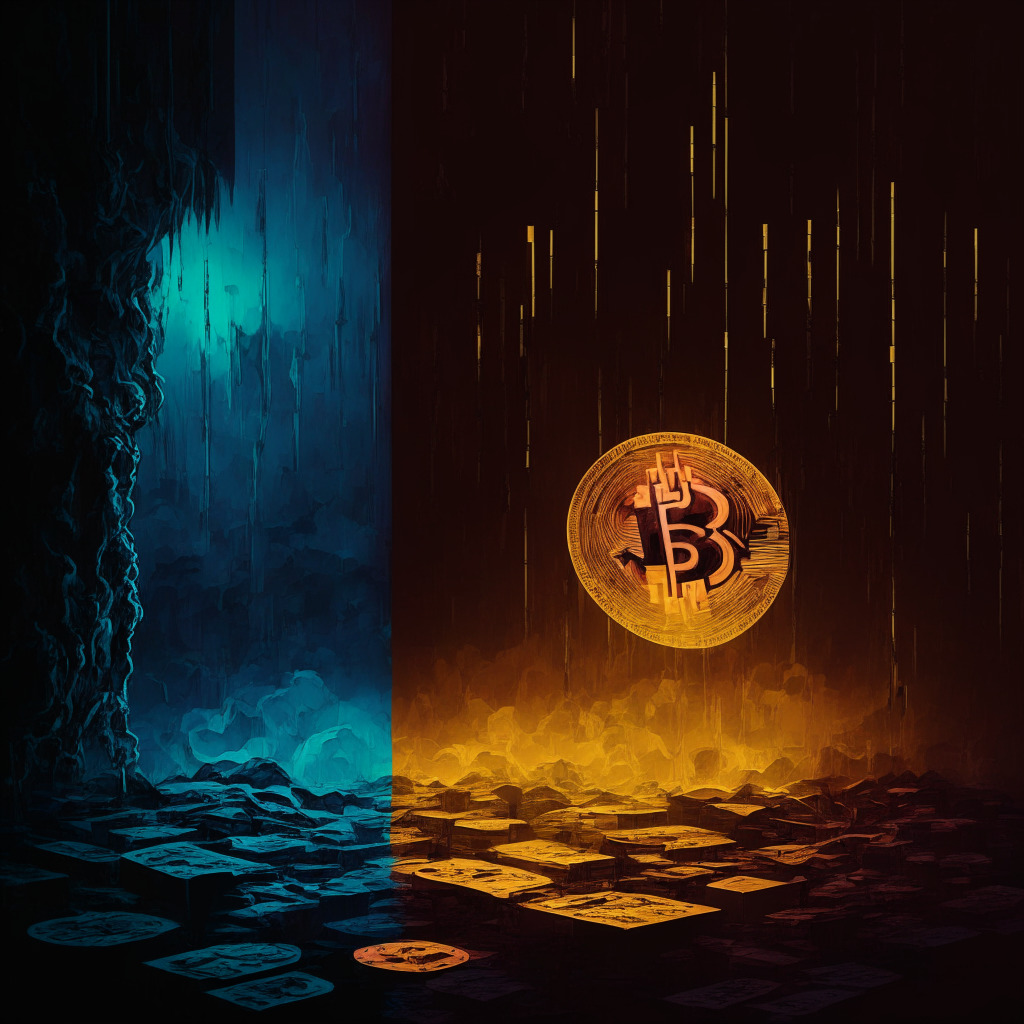 A dimly lit, turbulent backdrop of economic uncertainty, US debt crisis looming, contrasting shadows depicting Bitcoin's surge and Ethereum's potential decline, an artistic blend of long Bitcoin and short Ethereum positions, juxtaposition of global economic fallout with transformative blockchain potential, layering of dark and bright hues, tense atmosphere.