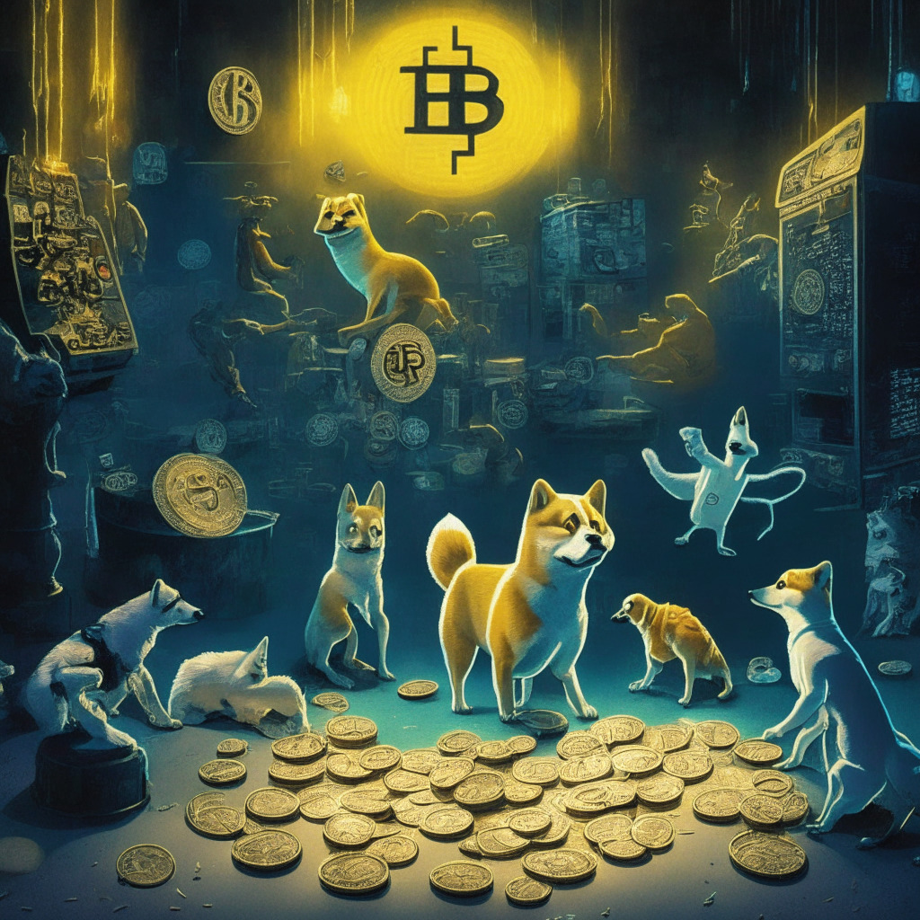 Cryptocurrency frenzy scene: various digital coins, Pepe token centerstage, bots in the background, chiaroscuro lighting, Doge & Shiba Inu coins in shadow, a balance scale with Pepe token & question mark, mood of uncertainty and caution, surrealistic style, heightened contrasts, swirling motion of trades.