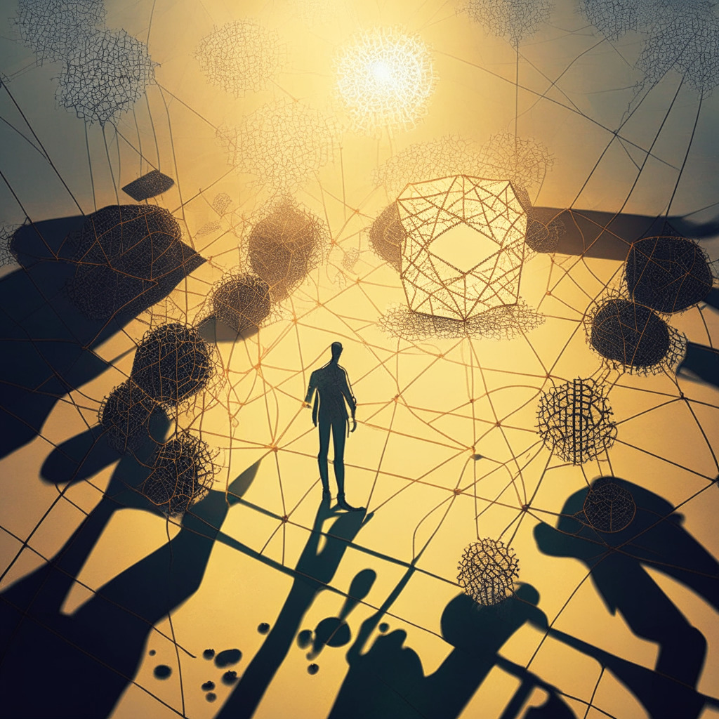 AI growth dilemma, decentralized blockchain, sunlight casting long shadows, ethereal artistic style, exploration and caution mix. Scene: AI & blockchain merging on symbolic scales, human observing, glowing nodes, intricate interconnected patterns. AI accountability & public trust themes, future hope. (350 characters)