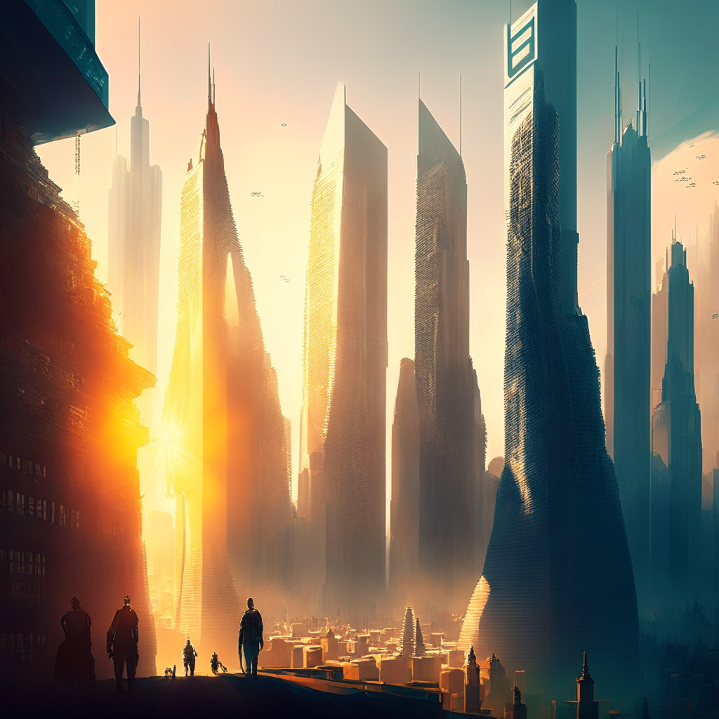 Intricate cityscape with a futuristic financial district, citizens using secure devices, warm sunlight peering through skyscrapers, contrast between innovation and security forces, a battle against fraud in the foreground, protective aura embracing the UK, sense of hope and determination.
