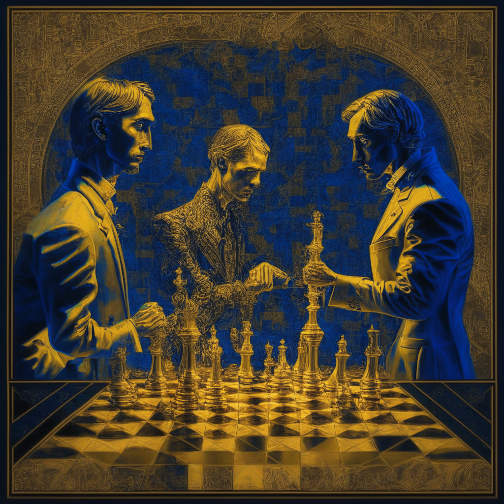 Intricate golden Bitcoin on Federal Reserve chessboard, chiaroscuro lighting, baroque-inspired scene, tense atmosphere, subtle tensions between two figures representing Jerome Powell and an ambiguous Bitcoin influencer. Hints of Renaissance art, striking facial expressions, a moody color palette with rich blues and ochres. Abstract conceptualization of financial struggle, dovish pivot.