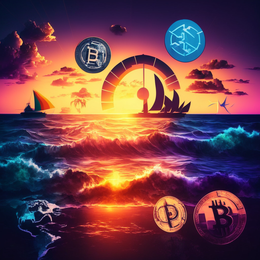 Offshore crypto exchange with looming regulatory risks, derivatives trading, Bermuda island setting, sunset hues reflecting uncertainty, dynamic mood capturing market volatility, artistic rendition of cryptocurrency symbols, contrasting light and shadows emphasizing pros and cons, no specific brands or logos.