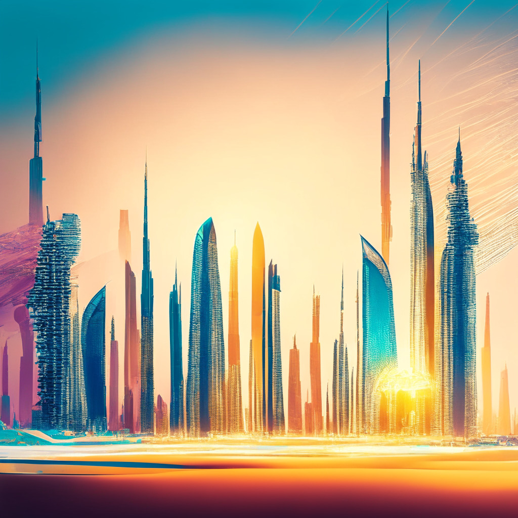 Sunlit Dubai skyline, blockchain nodes connection, elegant modern investors, Middle Eastern and Southeast Asian elements, energetic colors, ethereal futuristic Web3 landscape, dynamic composition, financial optimism, hints of caution, overall sense of growth and transformation.