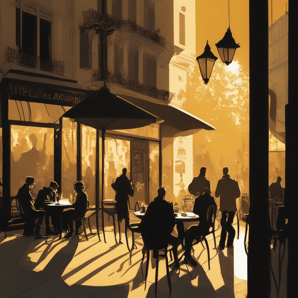 Intricate Parisian street scene, dusk, soft golden light filters through the iconic café's terrace, animated discussion of crypto regulation and ads, a touch of Cubism style, mixed feelings, journalists and influencers debating, air of thriving innovation, subtle hint of caution for consumer protection, a feeling of progression toward embracing new technologies.