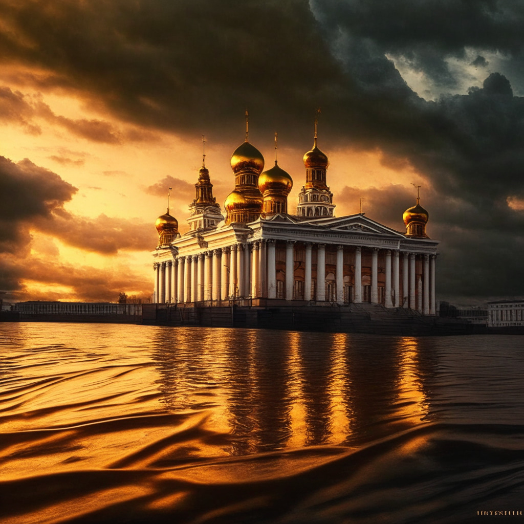 Russian banks bouncing back, Central Bank poised under golden glow, record profits loom on horizon, dark clouds of past sanctions contrast with hope, resilience personified, cautious optimism in the air, adapting to shifting tides, 7.5% key interest rate steadying the course.
