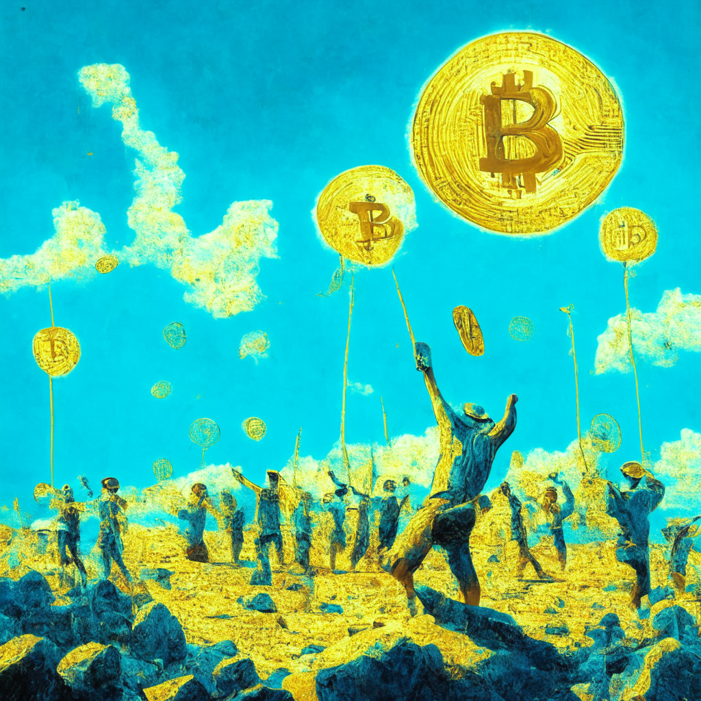 Bitcoin miners celebrating $50B profit, intricate blockchain network, golden nodes interconnected, digital pickaxes symbolizing mining, serene turquoise sky, warm golden sunlight, impressionist painting style, mood of accomplishments and optimism, contrasting shades of challenges, flickering transaction fees, adaptable miners thriving.