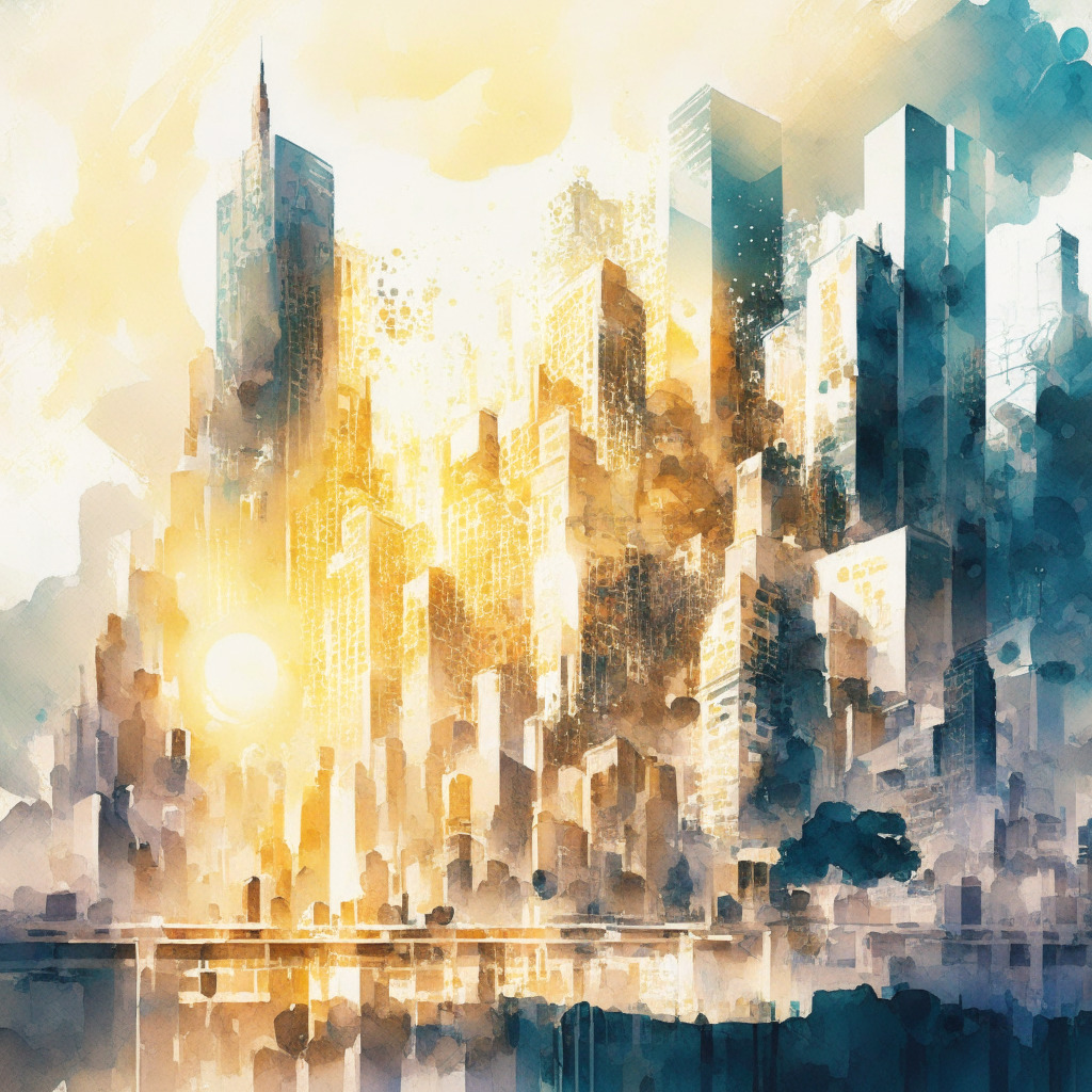 Intricate cityscape reflecting crypto ecosystem, central & decentralized elements coexisting, contrasting light & shadows, secure digital assets glimmering amidst cyber threat symbols, tension between safety & innovation, soft watercolor style exuding ambivalence, sunlight filtering through clouds, hinting at hope & growth.