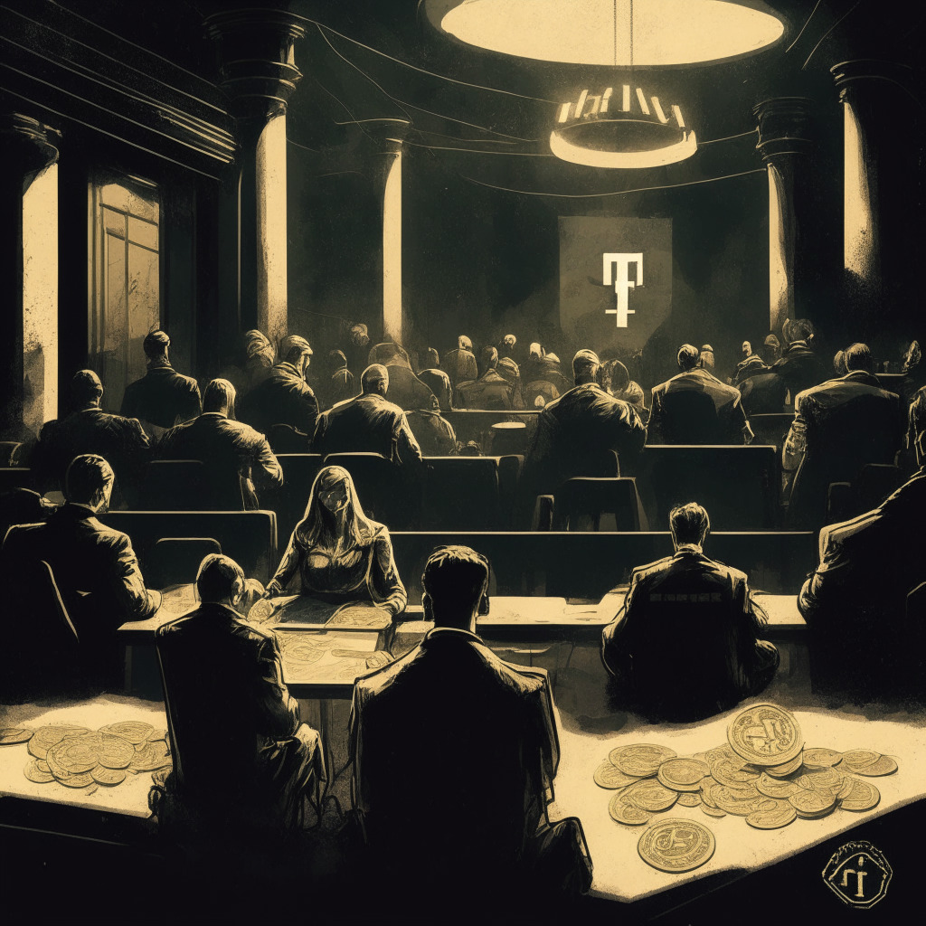 Intricate courtroom scene, crypto influencers on trial, dimly lit setting, somber mood, chiaroscuro-style shadows, anxious plaintiffs, bags of crypto coins scattered, caution tape around the FTX logo, contrast of lavish vs ordinary lifestyle, scale representing investor responsibility, faded crypto logos in the background, emphasis on individual action.