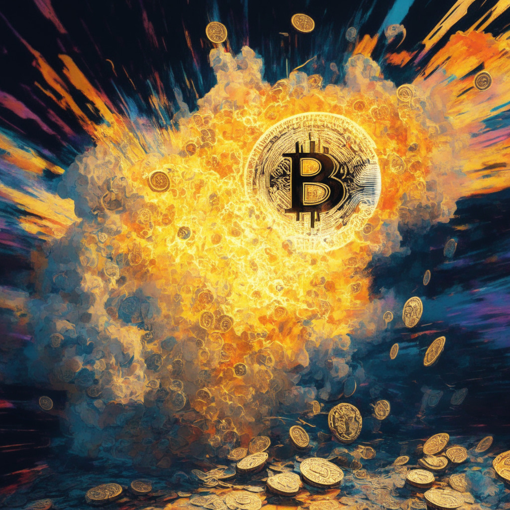 BRC-20 token explosion, Bitcoin blockchain backdrop, montage of meme coins, contrasting light and shadows, emphasis on network connections, Impressionist style, warm and cool color palette, dynamic composition, sense of excitement mixed with caution, hint of skepticism, underlying notion of long-term implications.