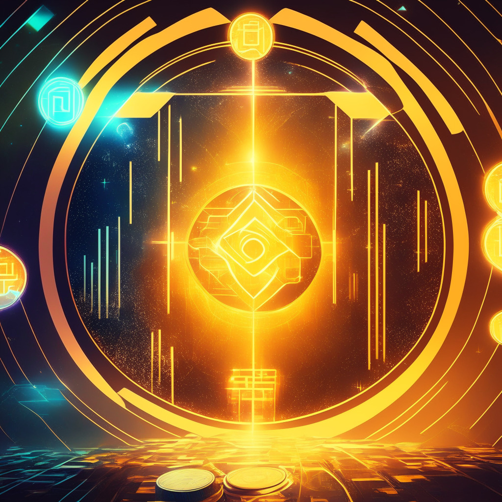 Crypto exchange backdrop, digital coins, Binance influence, futuristic mainnet launch, radiant light source, SUI trading pairs, subtle Art Deco elements, euphoric mood, harmonious balance, innovative adoption, abstract representation of global connectivity.