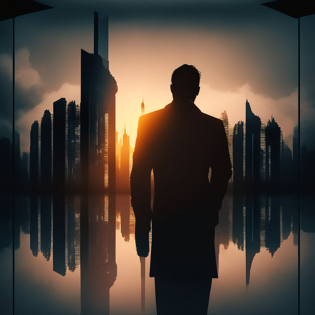 Gloomy financial skyline, silhouette of departing CFO, $1.1B loss shadow, crypto market turbulence, resilient DCG building, light of repayment, hint of growth, transparent glass, chiaroscuro lighting, moody atmosphere, hopeful sunrise on digital assets horizon.