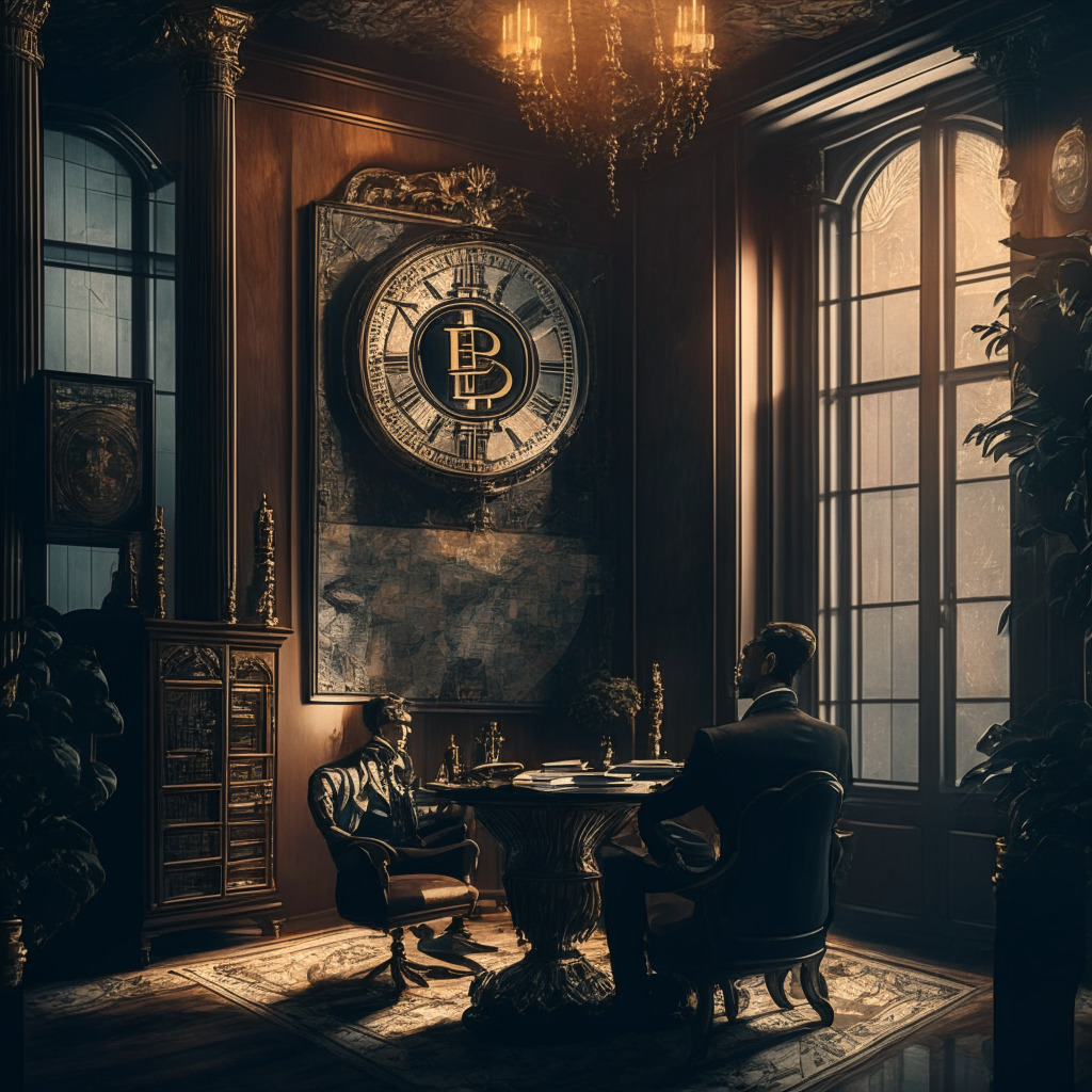 CEO in office discussing Bitcoin's future, warm lighting, Renaissance style, intricate patterns in decor, confident expression, charts displaying BTC growth, symbolizing resilience, elegant clock showing long-term perspective, moody atmosphere, subdued color palette, hint of chaos in markets outside, representation of dual-engine business approach.