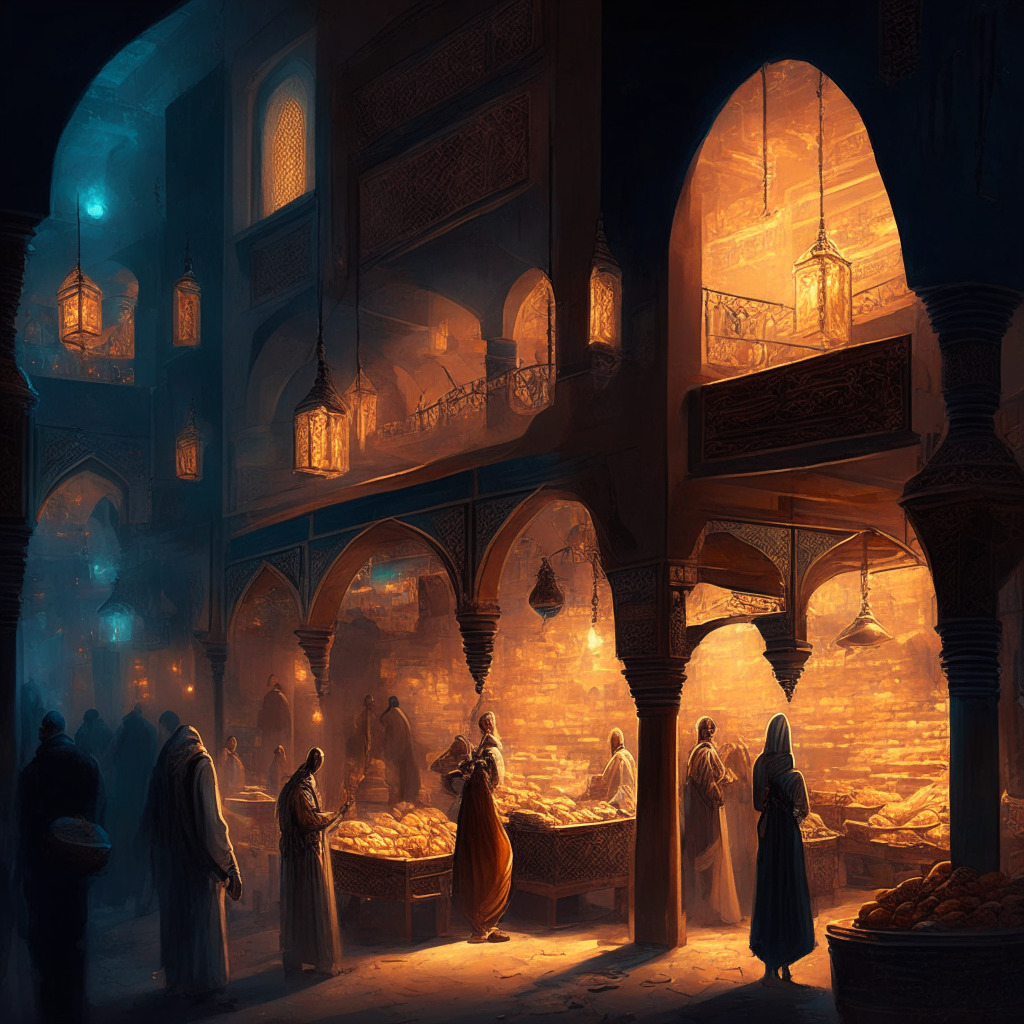 Intricate night bazaar scene, Middle Eastern architecture, key figures exchanging digital currency, soft warm lighting, Persian fresco-inspired art style, energetic atmosphere, blend of traditional & futuristic, hint of tension around transparency concerns.