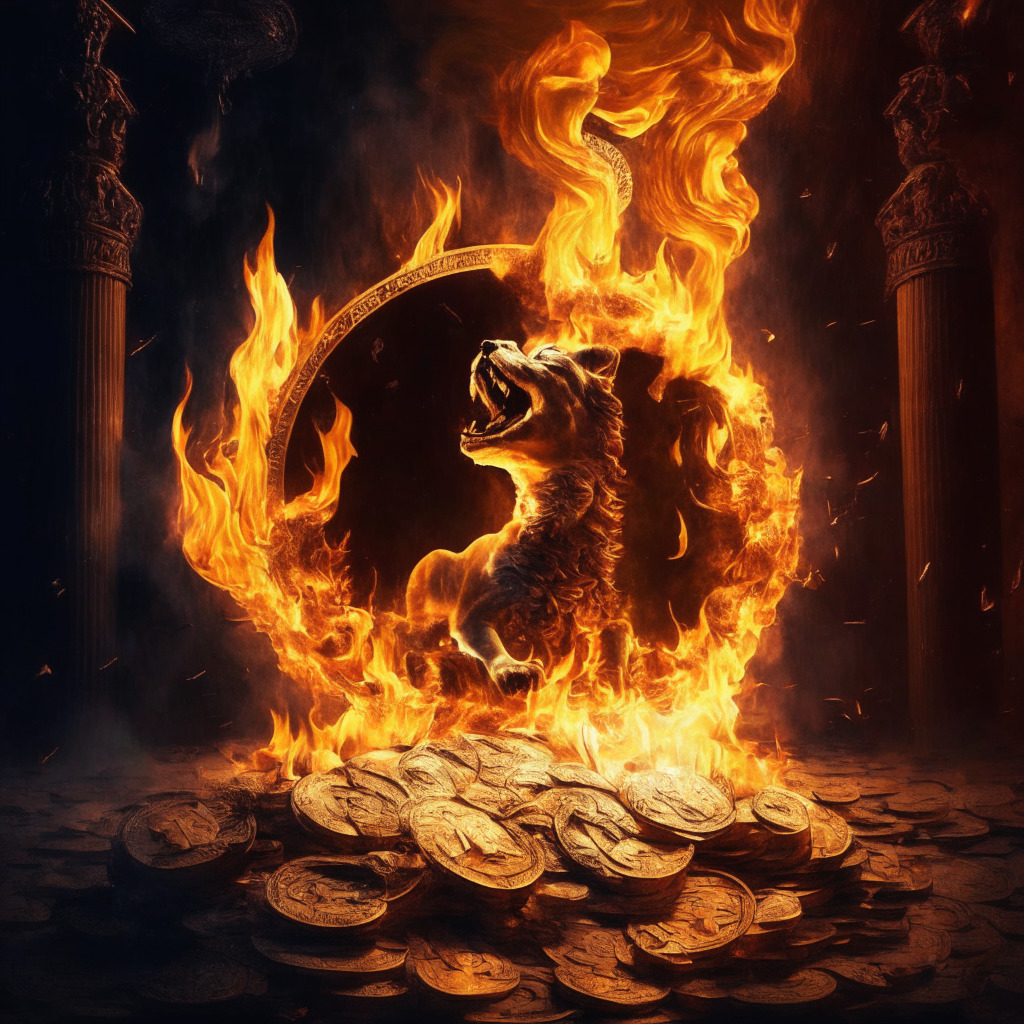 Cryptocurrency chaos, SHIB coin rising from ashes, artistic chiaroscuro lighting, bold Baroque style, surging price and fiery burn rate, intense market fluctuation, hints of skepticism, triumphant resilience, air of debate, captivating digital currency scene.